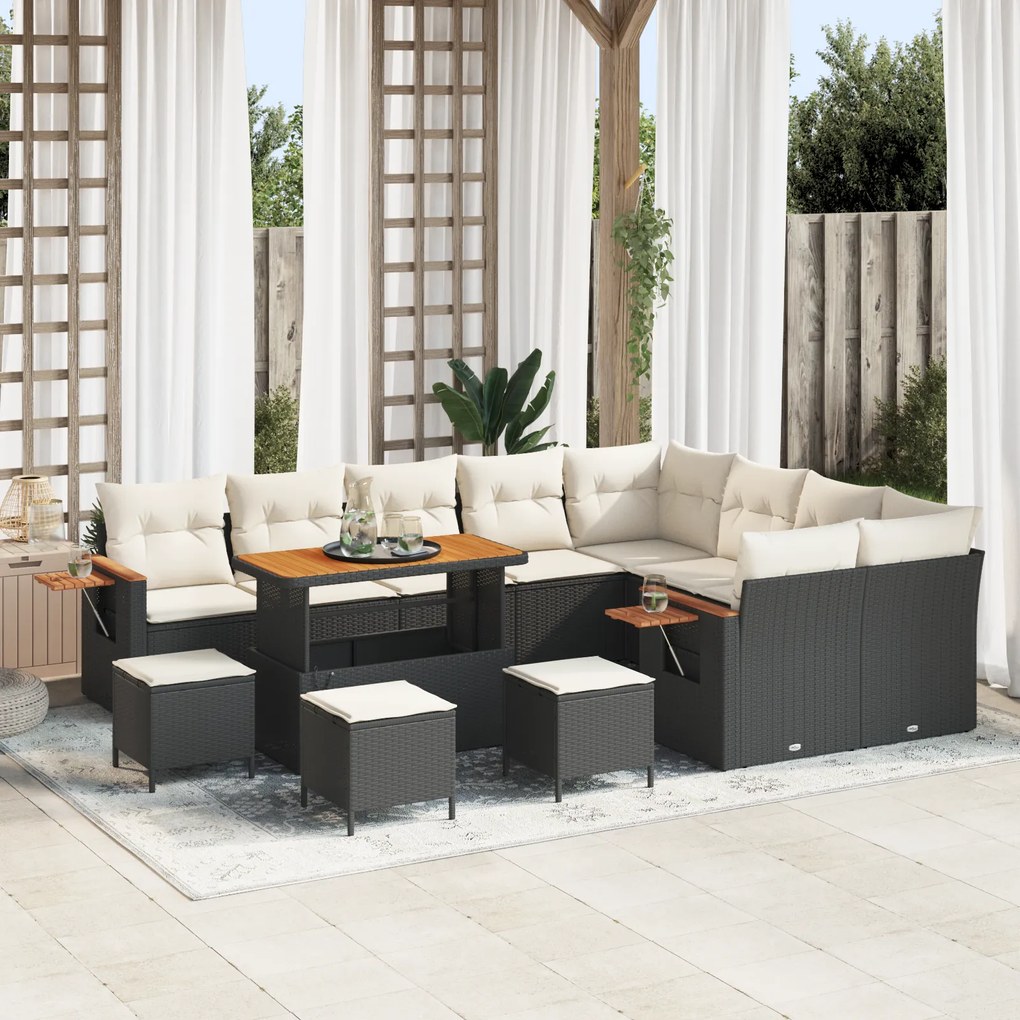 Conjunto de Sofá Jardim vidaXL de 13 Peças com Almofadas Preto Rattan Poliéster Acácia