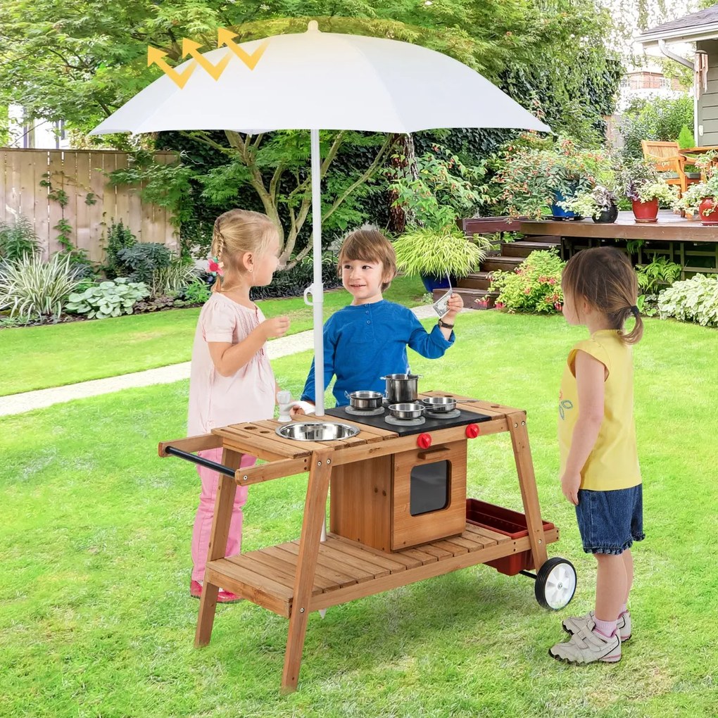 Cozinha de barro infantil cozinha infantil ao ar livre madeira com função água cozinha de brincar com ganchos e prateleira removível laranja