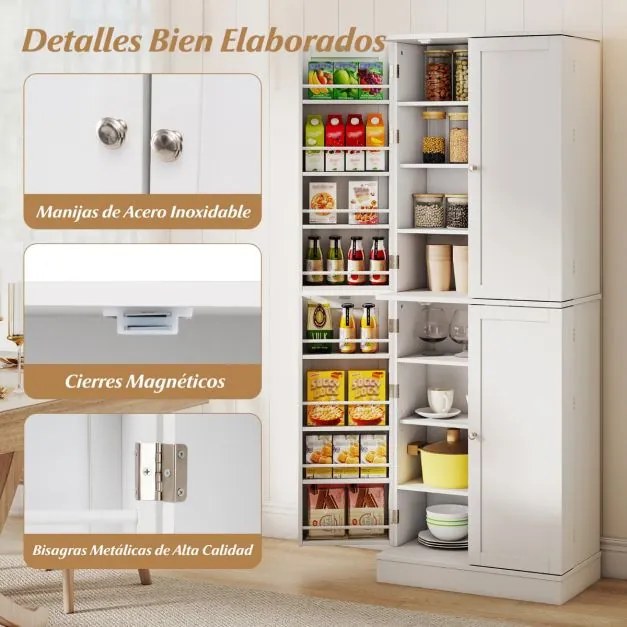Armário de cozinha despensa 60 x 35 x 166,5 cm com 2 armários de 4 níveis, 16 prateleiras nas portas e 6 prateleiras ajustáveis para sala de jantar e