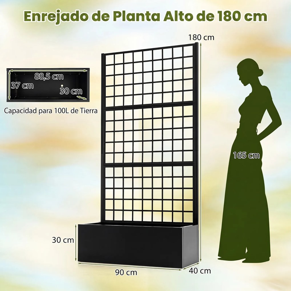 Floreira Quadrada com Treliça, 90 x 40 x 180,5 cm, Capacidade de 100 L, Preto