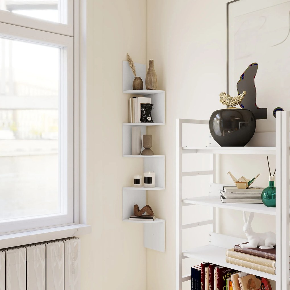 Estante de canto de parede para arrumação, em forma de ziguezague, 20 L x 20 L x 126 A cm, 5 prateleiras, madeira branca