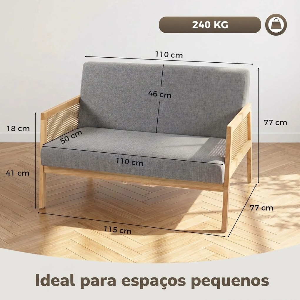 Sofá de 2 Lugares com Efeito Linho Detalhes em Vime Sintético e Estrutura em Madeira até 240 kg 115x77x77 cm Cinza