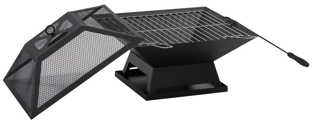 Outsunny Braseiro Exterior Aço Multifuncional Tampa Protetora Atiçador Churrascos Fogueiras 45x45x34 cm Preto | Aosom Portugal