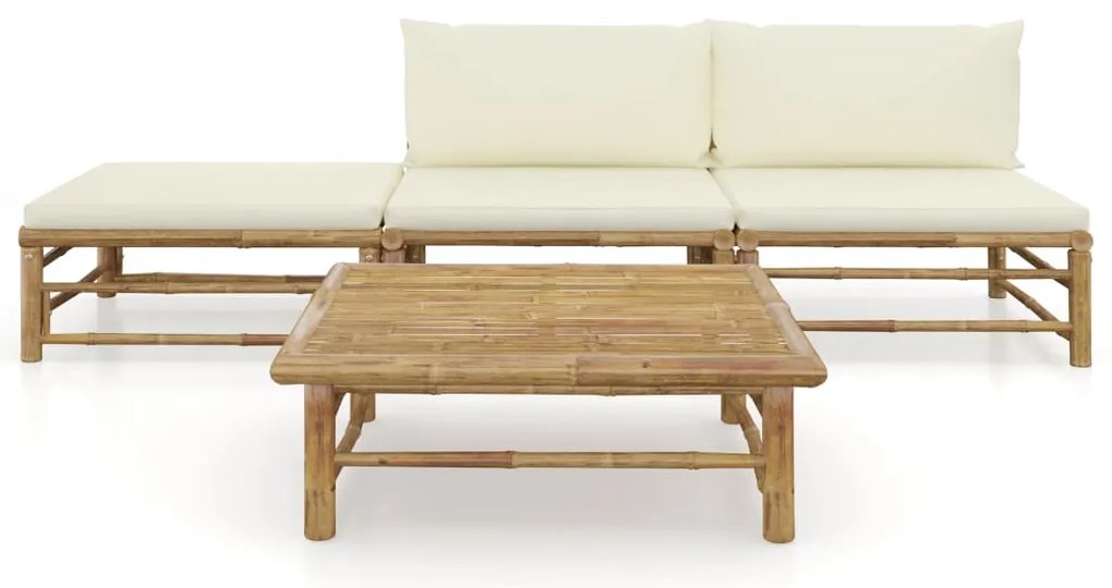 4 pcs conj. lounge p/ jardim em bambu c/ almofadões branco nata