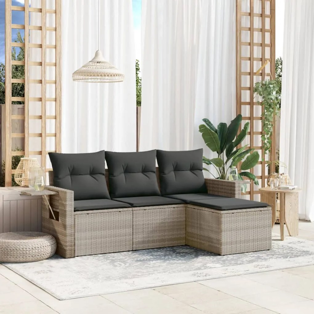 4 pcs conj. sofás jardim c/ almofadões vime PE cinzento-claro