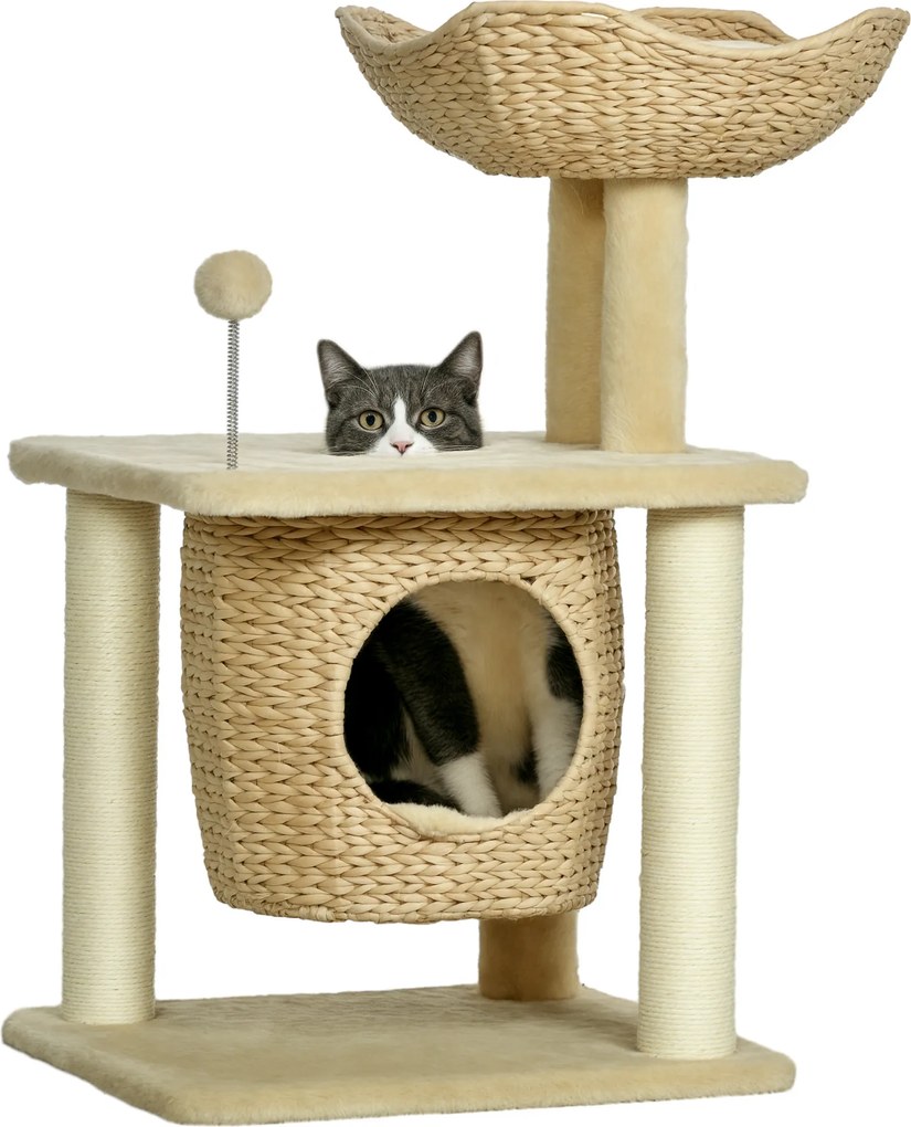 Arranhador para gatos com arranhador de sisal natural, 1 nicho, cesto com pompons e pelúcia 45 x 40 x 74 cm, bege