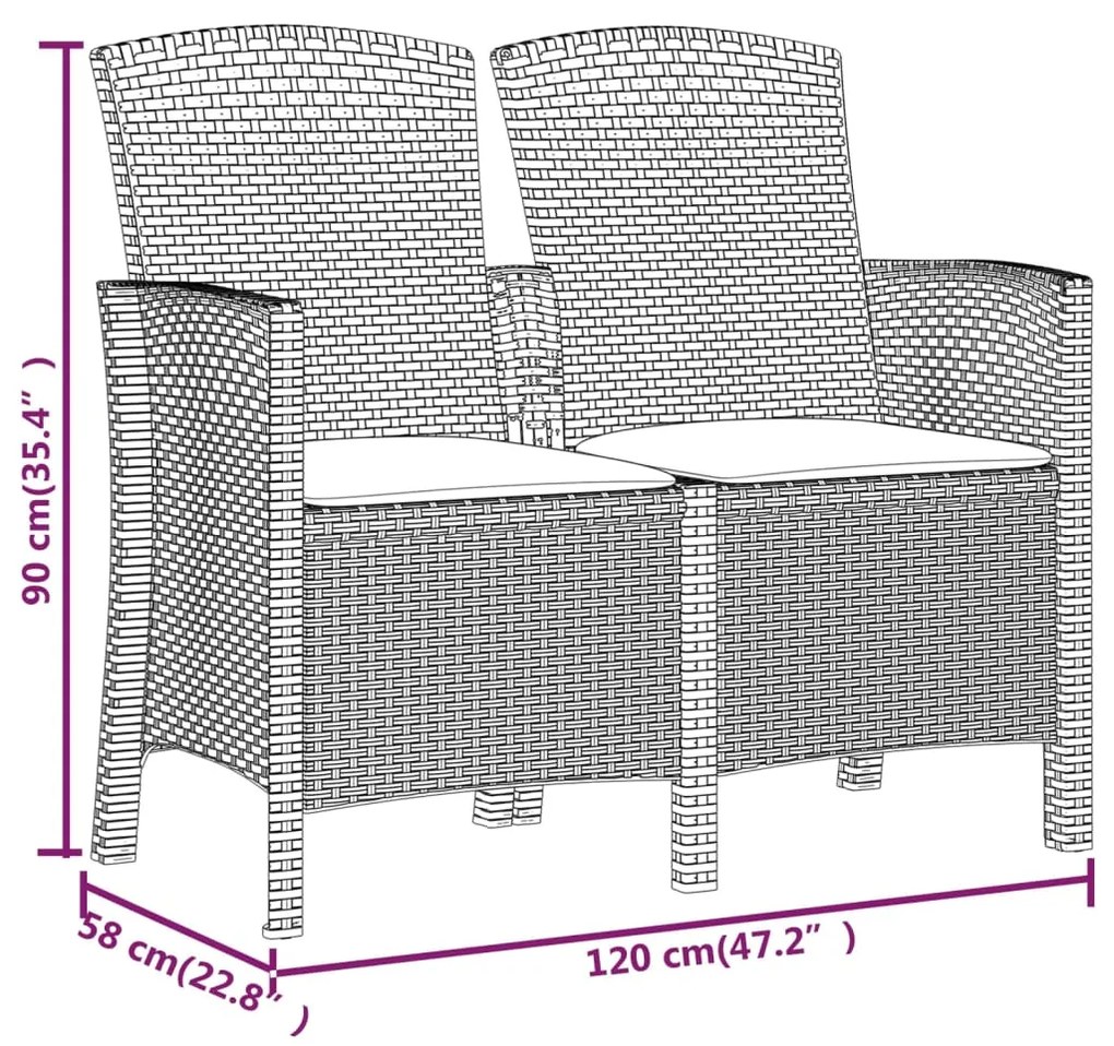 Banco de jardim 2 lugares c/ almofadões vime PP castanho