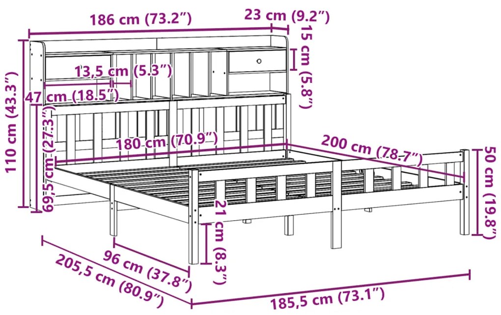 Cama com estante sem colchão 180x200 cm pinho maciço branco