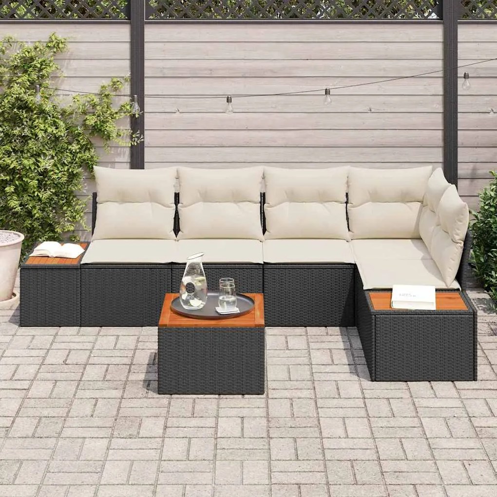 Conjunto de Sofá de Jardim 6 Peças com Almofadas Preto Rattan e Acácia