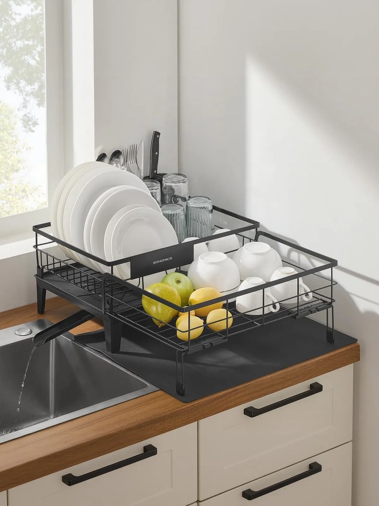 Escorredor de pratos com bandeja extensível (31-56) x 42 x 20 cm, giratório em 360° preto