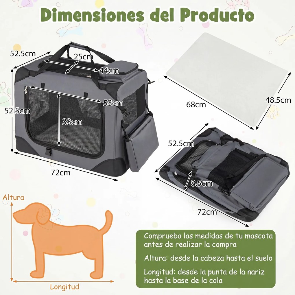 Transportadora dobrável tamanho M 72 x 52,5 x 52,5 cm para animais de estimação, com janelas de rede, 3 portas, cama felpuda e bolsos removíveis, para