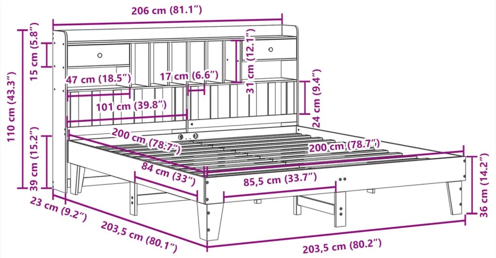 Cama sem colchão 200x200 cm madeira de pinho maciça