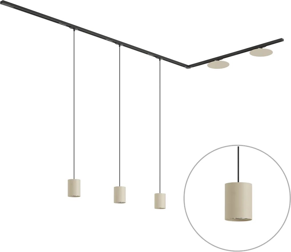 Sistema de iluminação de trilho moderno preto com 3 luzes pendentes e 2 luzes de teto bege 1-fase - Iconic Holt Pulley