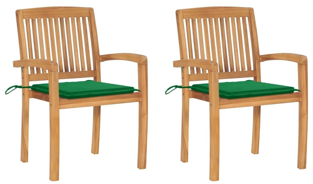 Cadeiras de jardim c/ almofadões verdes 2 pcs teca maciça
