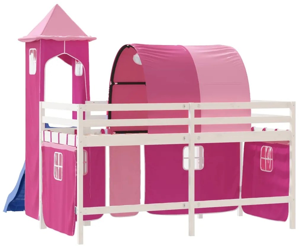 Cama alta para criança com torre 90x190 cm pinho maciço rosa