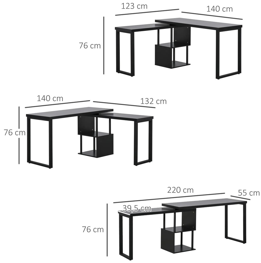 HOMCOM Secretária em Forma L Mesa para Computador Giratória 360 Graus com Múltiplas Formas Prateleiras e Grande Espaço de Armazenamento 220x55x79cm Preto