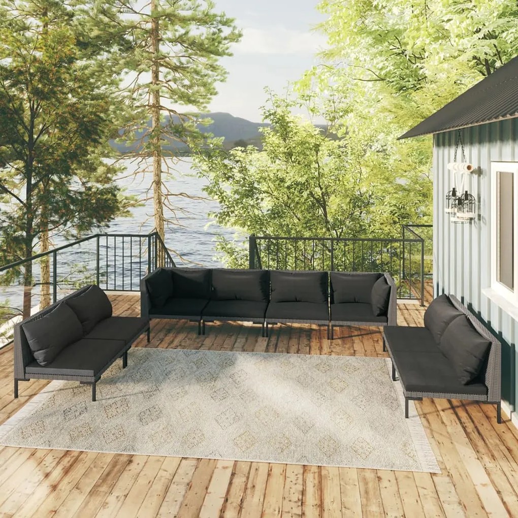 vidaXL 8 pcs conj. lounge jardim c/ almofadões vime PE cinzento-escuro