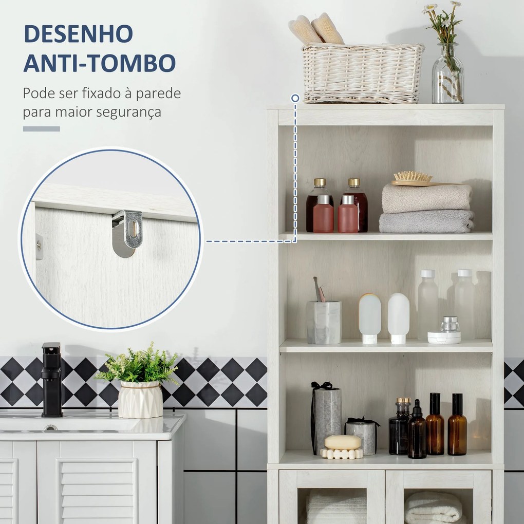 kleankin Armário Alto de Casa de Banho com 2 Portas de Vidro e 3 Prate