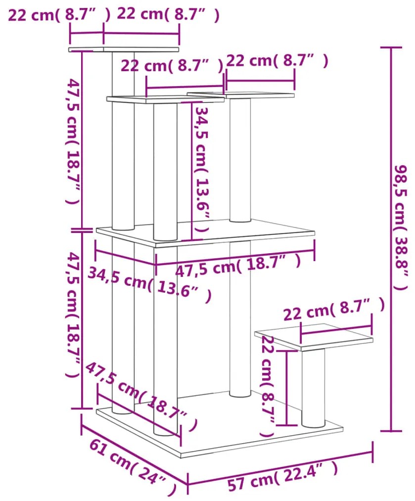 Postes arranhadores p/ gatos c/ plataformas 98,5 cm cinza-claro