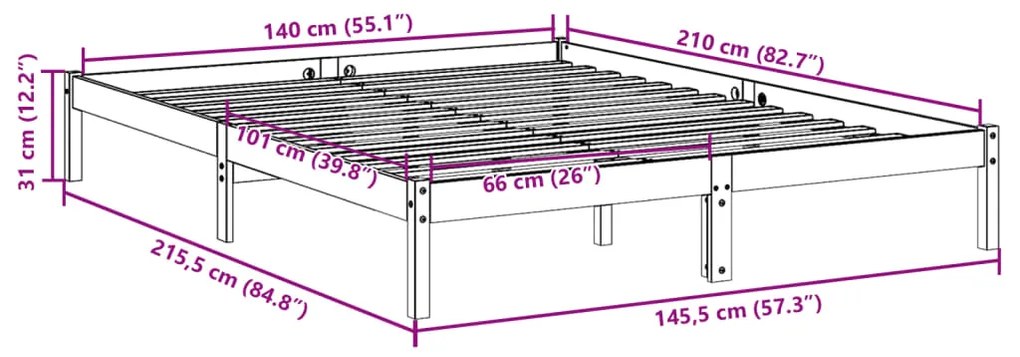 Cama extra longa sem colchão 140x210 cm madeira de pinho maciça