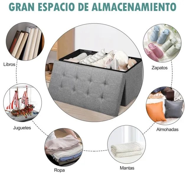 Banco dobrável com espaço para arrumação 80 cm x 40,5 cm x 40,5 cm com assento acolchoado cinza claro