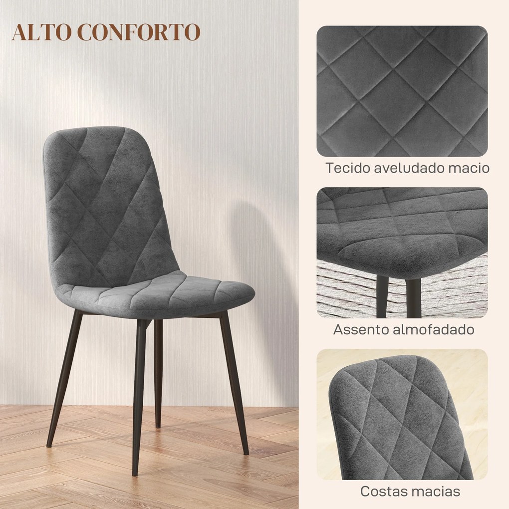 Conjunto de 4 Cadeiras de Jantar Modernas Cadeiras de Cozinha Estofadas em Veludo com Pés de Aço 45x54x87 cm Cinza