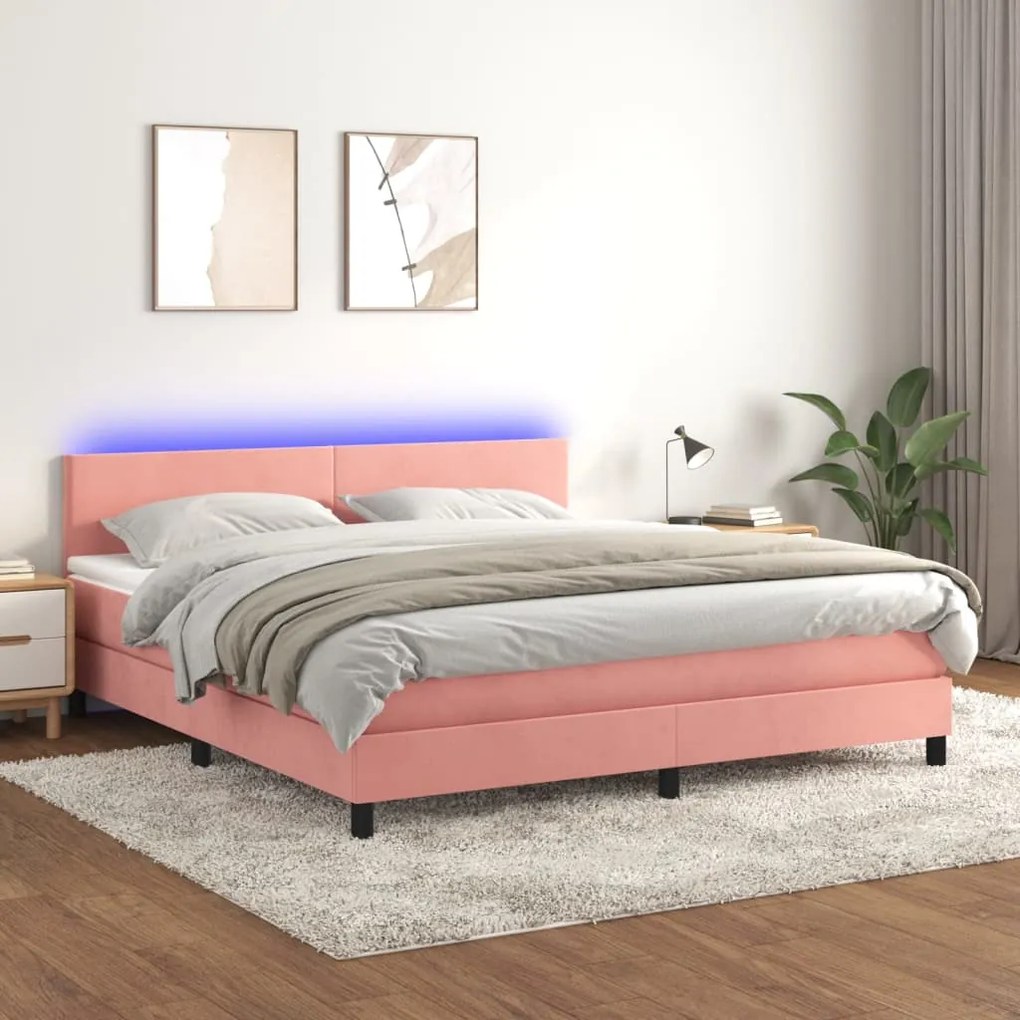 Cama box spring c/ colchão/LED 180x200 cm veludo rosa