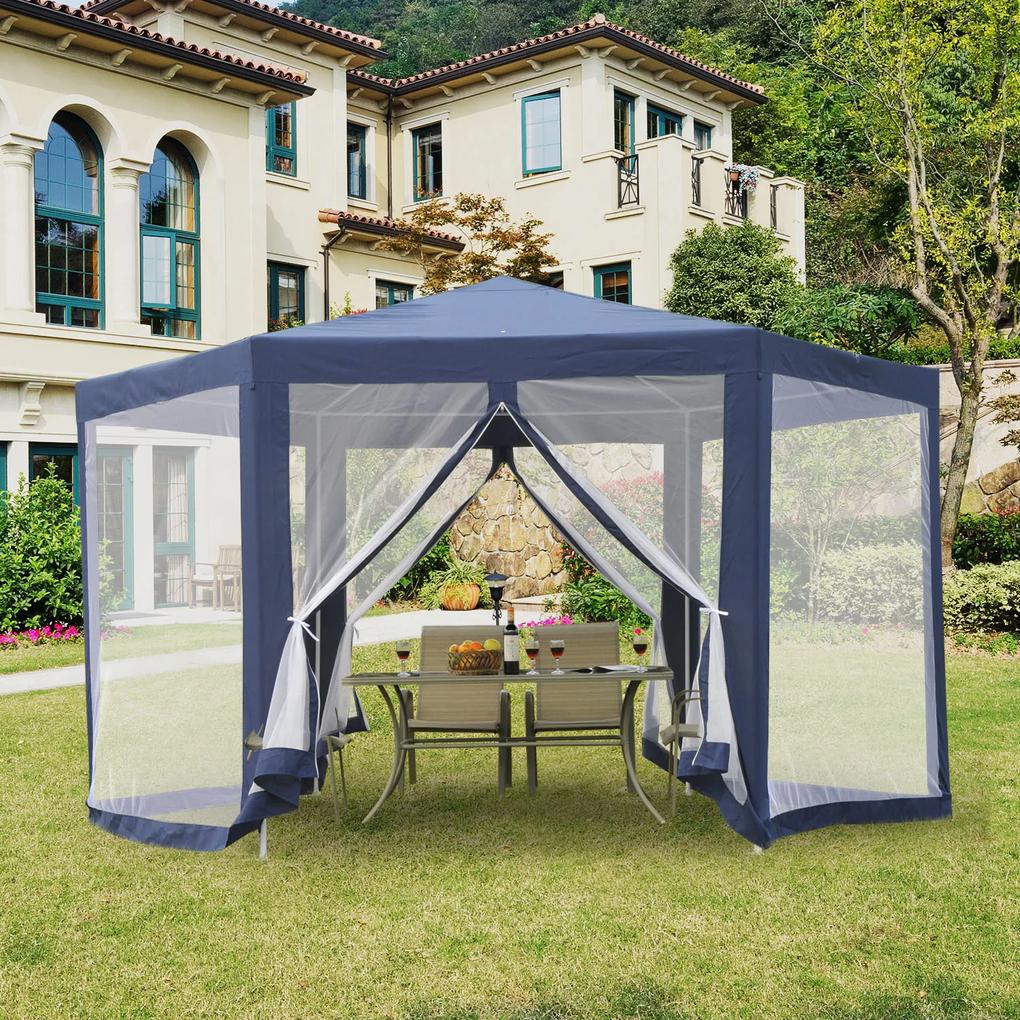 Outsunny Tenda Hexagonal Tenda de Jardim com Rede Mosquiteira Portas com Zíper e Orifícios de Drenagem para Exterior Varanda 197x250 cm Azul