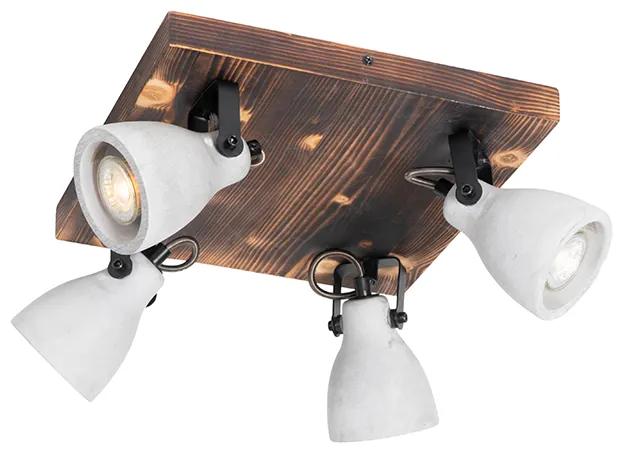 Candeeiro de tecto industrial madeira betão 4 luzes - CRETO Industrial