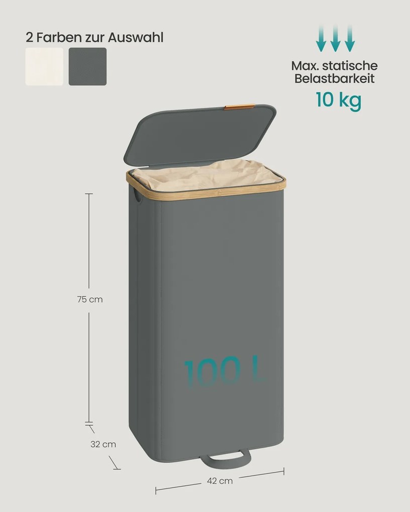 Cesto da roupa suja 42 x 32 x 75 cm com tampa e saco removível, 100 L, cinzento ardósia