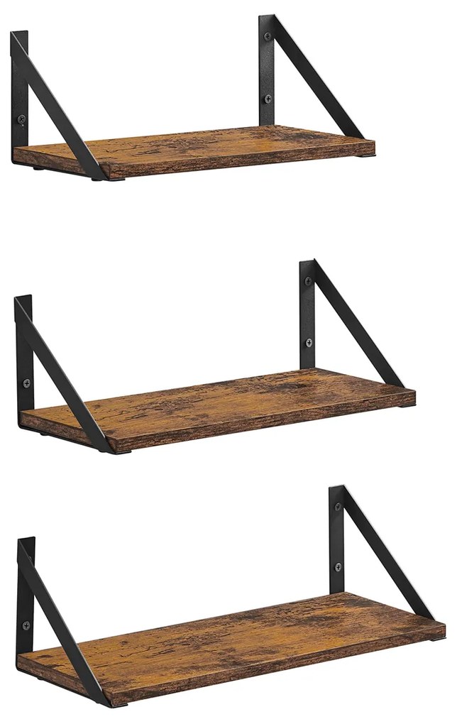 Conjunto de 3 prateleiras de parede VASAGLE, prateleiras flutuantes, para bugigangas, porta-retratos, frascos de temperos, artigos de higiene pessoal, na sala de estar, quarto, cozinha, banheiro, marrom rústico e preto LWS442B01