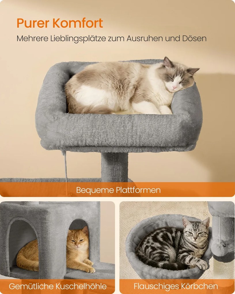 Arranhador para gatos 48 x 48 x 136 cm e com 3 plataformas, cinzento claro