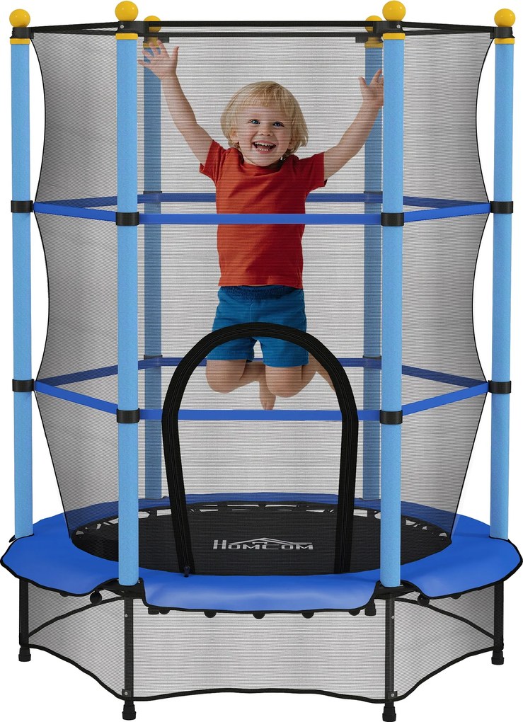 Trampolim infantil Ø 1,40 × 1,90 m (altura) Rede de segurança Porta com fecho de correr Proteção para molas 6 postes almofadados Incluído Azul