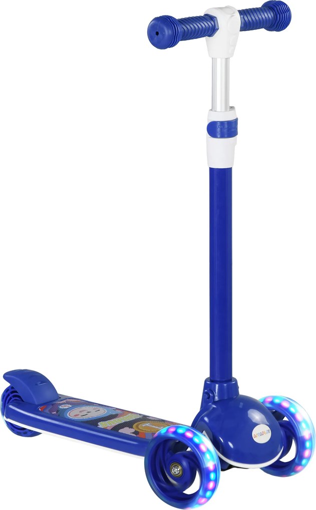 AIYAPLAY Trotinete Crianças 3 Rodas LED Altura Ajustável Segurança Carga 25 kg Estável Divertido 52x29x63-76 cm Azul | Aosom Portugal