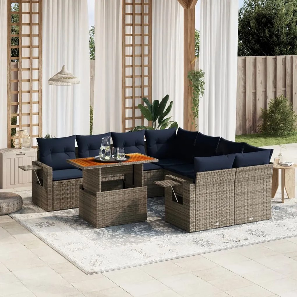 vidaXL 8 pcs conjunto sofás p/ jardim c/ almofadões vime PE cinzento