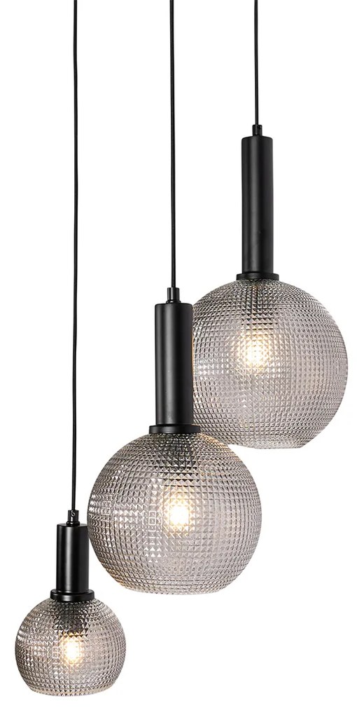 Candeeiro de suspensão design preto com vidro fumê 3 luzes - Chico Design
