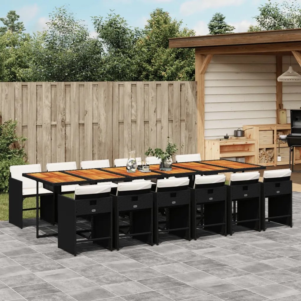 vidaXL 13 pcs conjunto de jantar p/jardim com almofadões vime PE preto