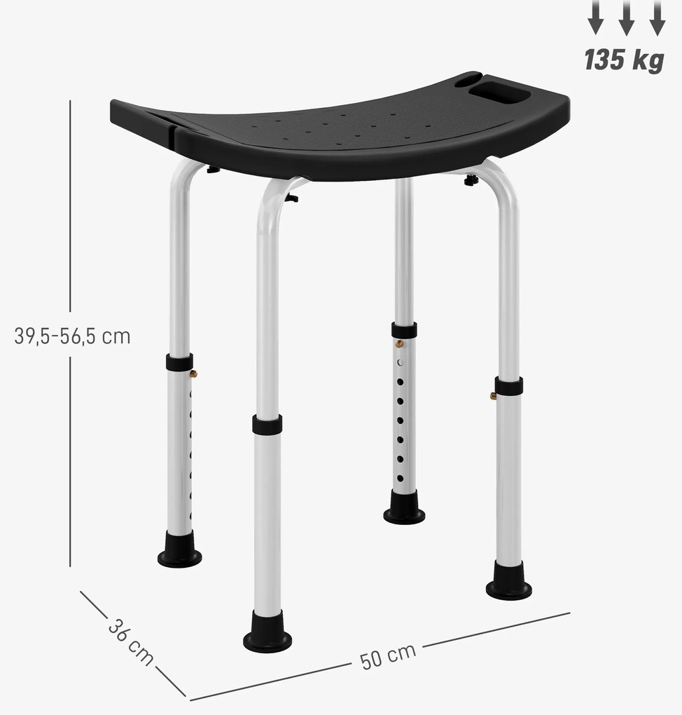 Banco de Duche com Altura Ajustável em 8 Posições com Base de Borracha Antiderrapante 50x36x39,5-56,5 cm Preto