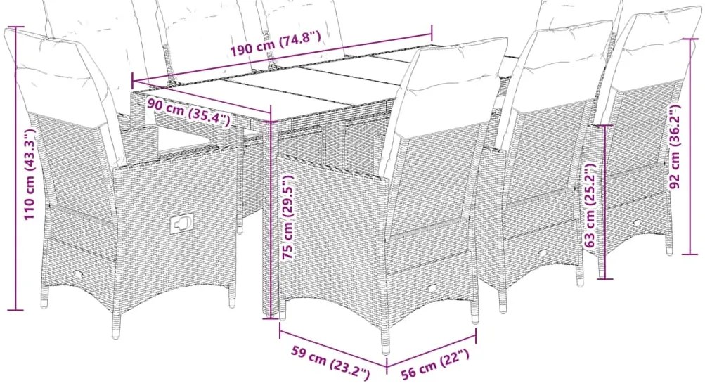 9 pcs conjunto de jantar p/ jardim com almofadões vime PE bege