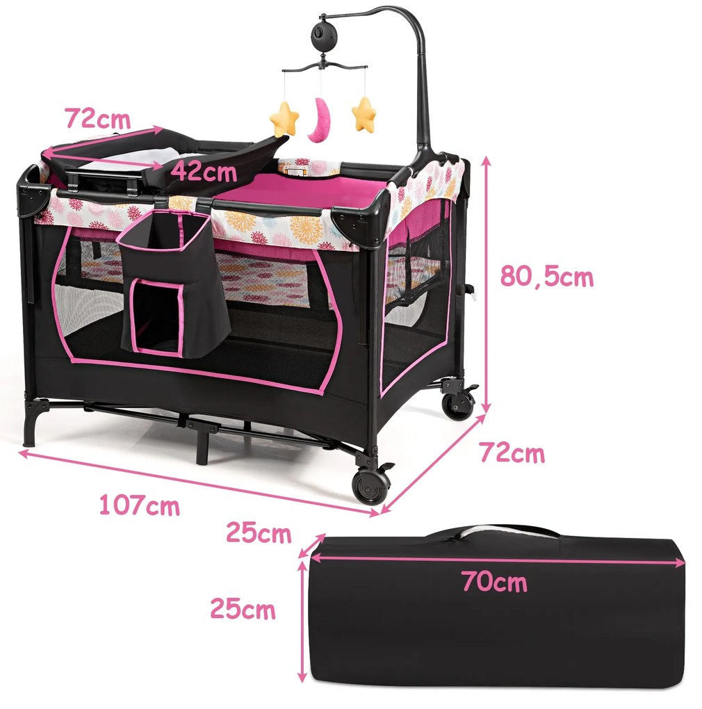Berço portátil 3 em 1 para crianças com trocador Centro de actividades Centro de actividades com rodas e travões 107 x 72 x 80,5 cm Rosa
