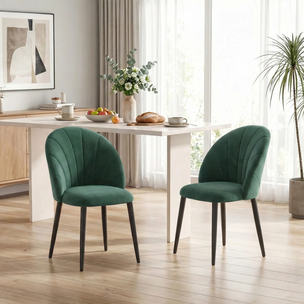 Conjunto de 2 Cadeiras de Jantar em Forma de Concha, 52 x 55 x 79 cm, Estofadas em Veludo, Verde-escuro