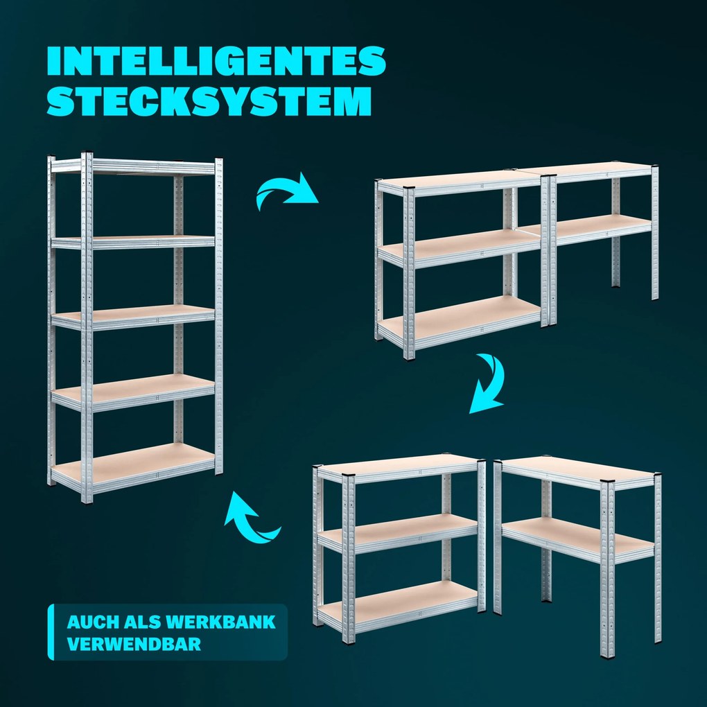 Conjunto de 2 estantes para cargas pesadas galvanizadas com capacidade de carga 875 kg, 180 x 90 x 40 cm Prateado