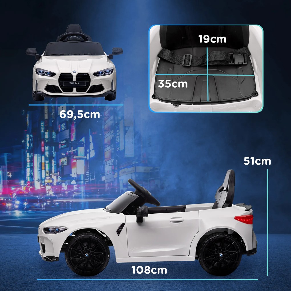 Carro Elétrico para Crianças BMW M4 12V com Controlo Remoto Faróis Buzina Música e Velocidade 3-5 km/h 108x69,5x51 cm Branco