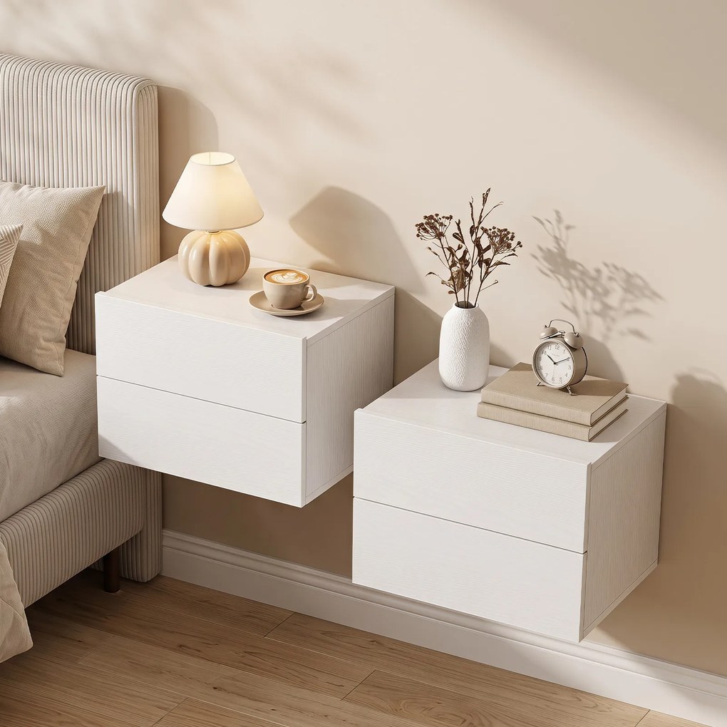 Conjunto de 2 Mesas de Cabeceira Suspensas, 42 x 30 x 29 cm, Duas Gavetas de Arrumação, Branco