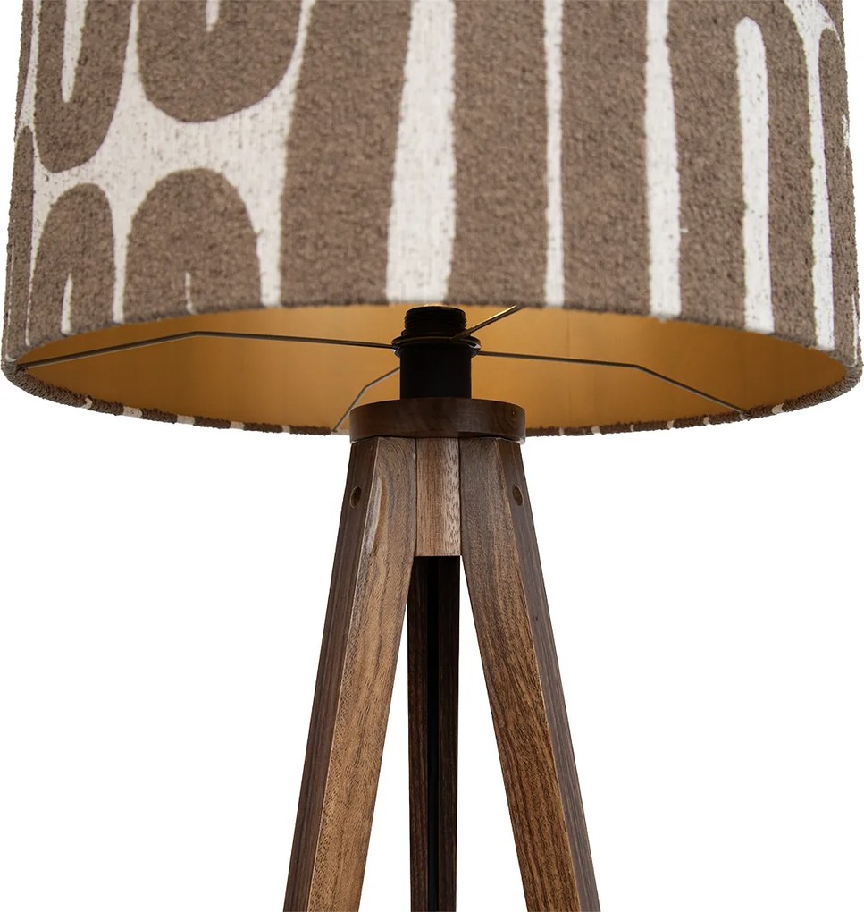 Candeeiro de pé tripé em madeira de nogueira com abajur às riscas castanho e bege 50cm - Tripod Classic