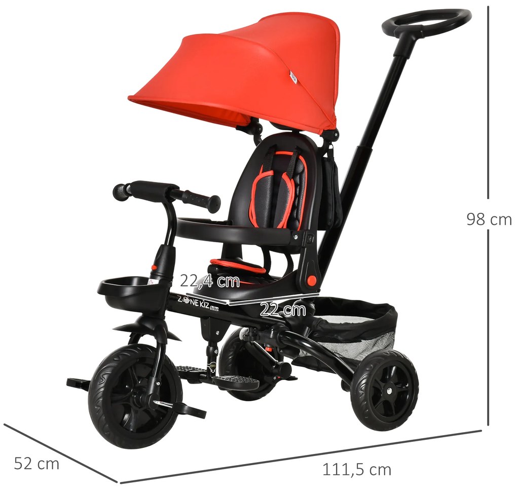 Triciclo Infantil 4 em 1 Bicicleta para Crianças 1-5 Anos com Assento Giratório Capô Ajustável Guidão de Empurre e Apoio para os Pés Dobrável 111,5x52
