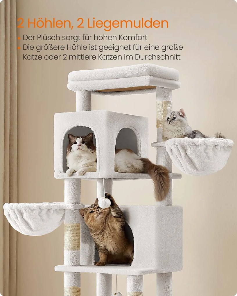 Arranhador para gatos com 175 cm de altura, 2 cavernas e 2 cavidades para descansar, branco creme