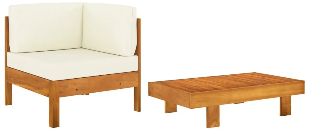 2 pcs conj. lounge de jardim c/ almofadões branco nata acácia