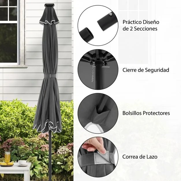 Guarda-sol de 300 cm com 24 luzes LED, parte superior ventilada, folhos e ajuste de inclinação cinzento