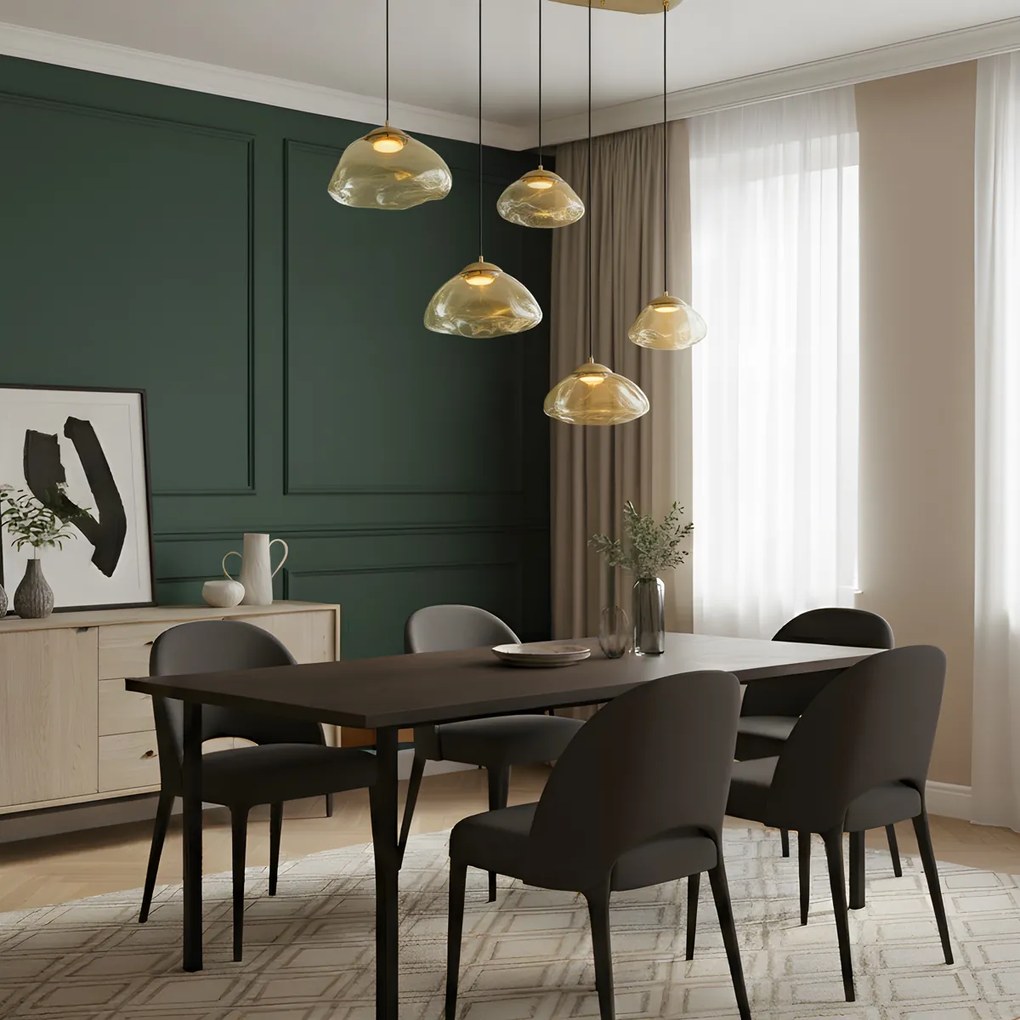 Candeeiro suspenso Hotel Chic latão com vidro âmbar 5-luzes - Gus